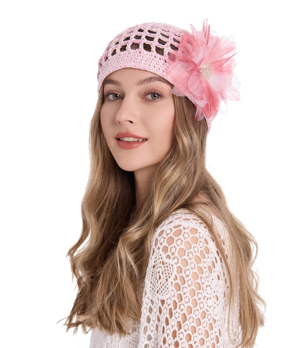1735 Crochet Beanie Hat Summer Handmade Knit Decorated Lightweight Skull
